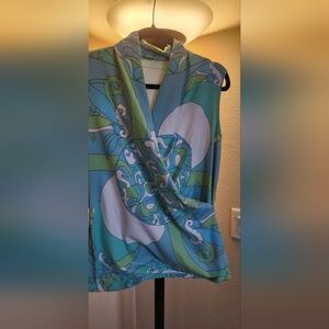 J. McLaughlin For.Dillards Blue and Green Wrap Blouse with Mandarin Collar
